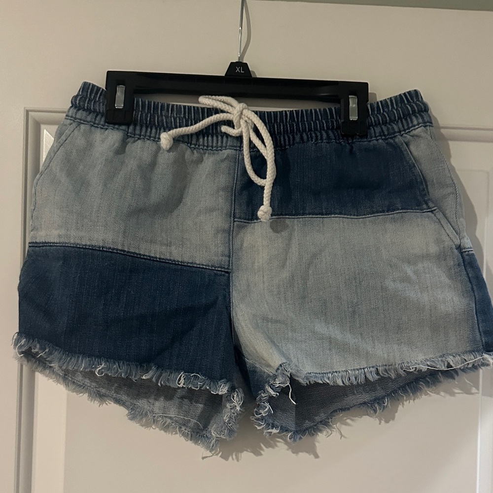 aerie Two-Tone Patchwork Denim Shorts in Light and Dark Blue
